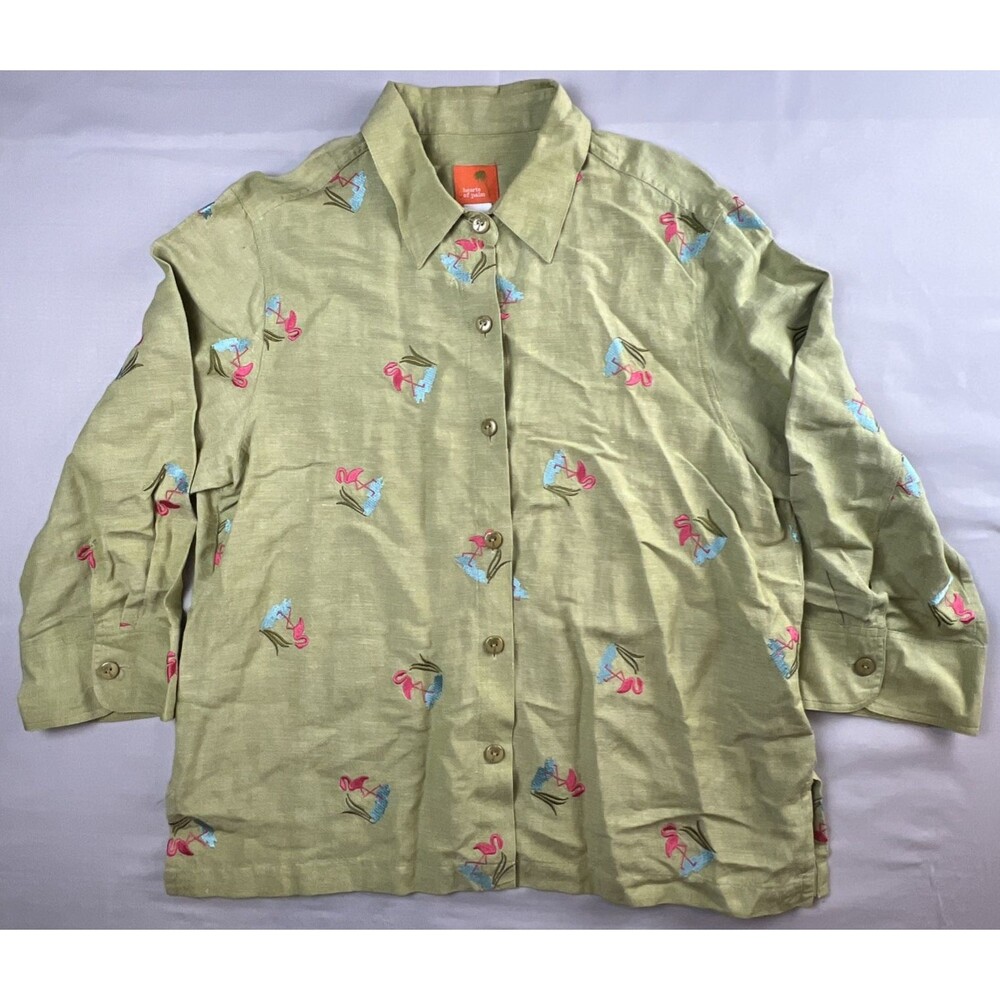 Vintage Heart of Palm Embroidered Flamingo Linen Blend Women’s Shirt Size 12